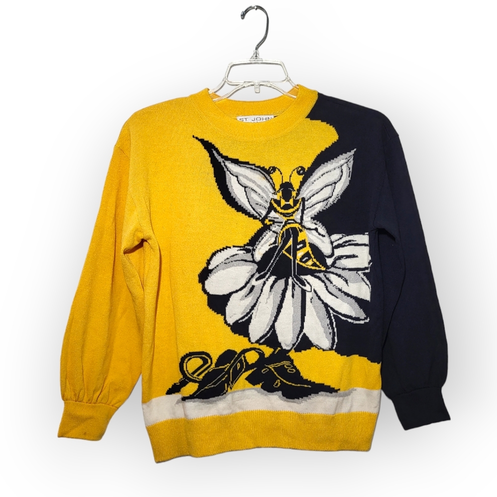 ST. JOHN Vintage Knit Sweater Black Yellow Bee Wasp Flower Design Small